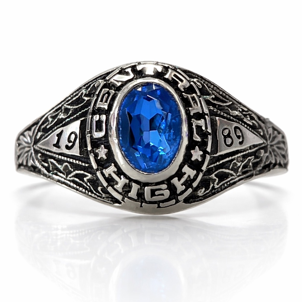 Vintage 1989 High School Class Ring Blue Stone Silver 925 Size 5.5